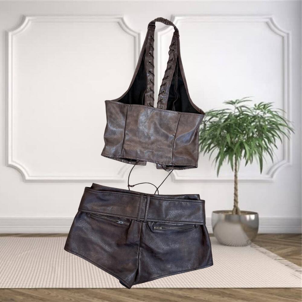 ๐ฅ SHEIN BAE Brown PU Lace-Up Halter Corset + Belted Mini Shorts Set ๐ฅ - Picture 5 of 8